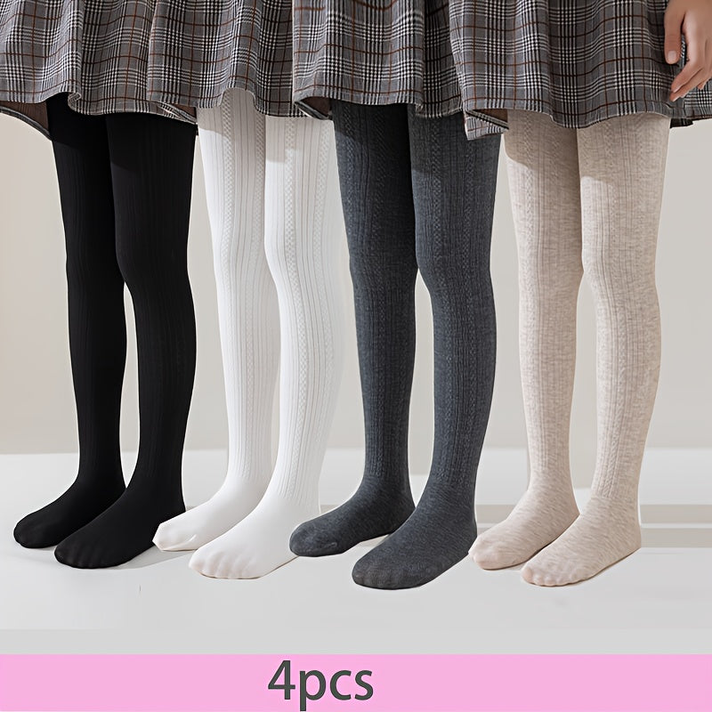 Set of 4 Girls' Vertical Striped Knit Leggings with Feet All-Season Children