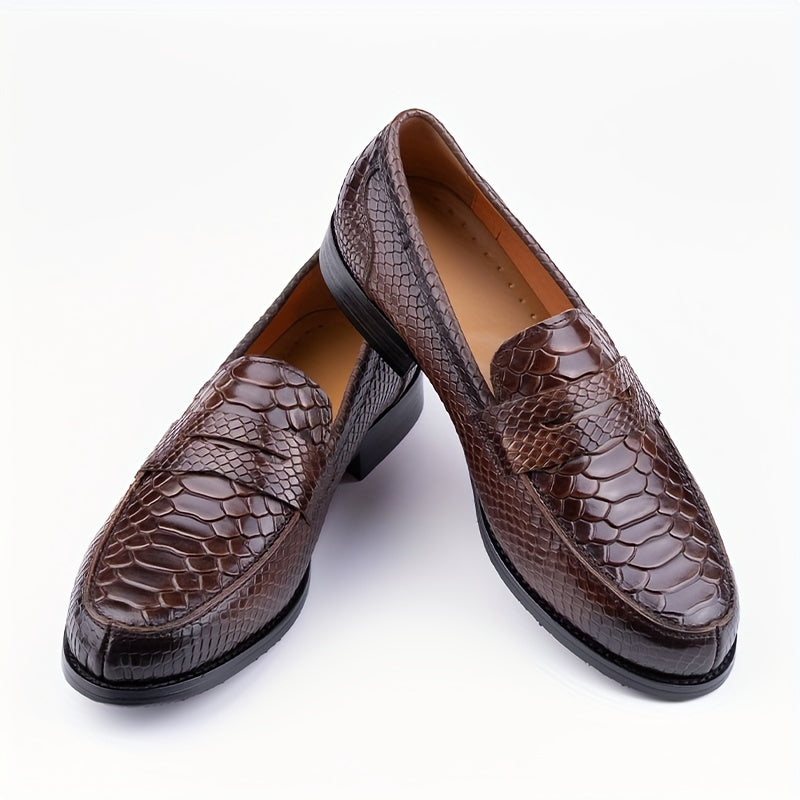 Men's Leather Loafers Casual Slip-On Shoes with Embossed Design and Rubber Sole