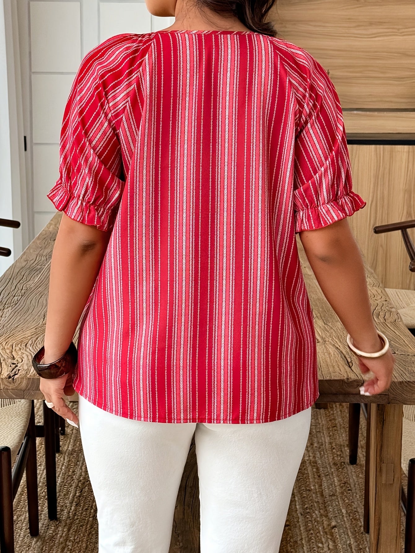 Women's Plus Size Red White Striped Short Sleeve Blouse V-Neck