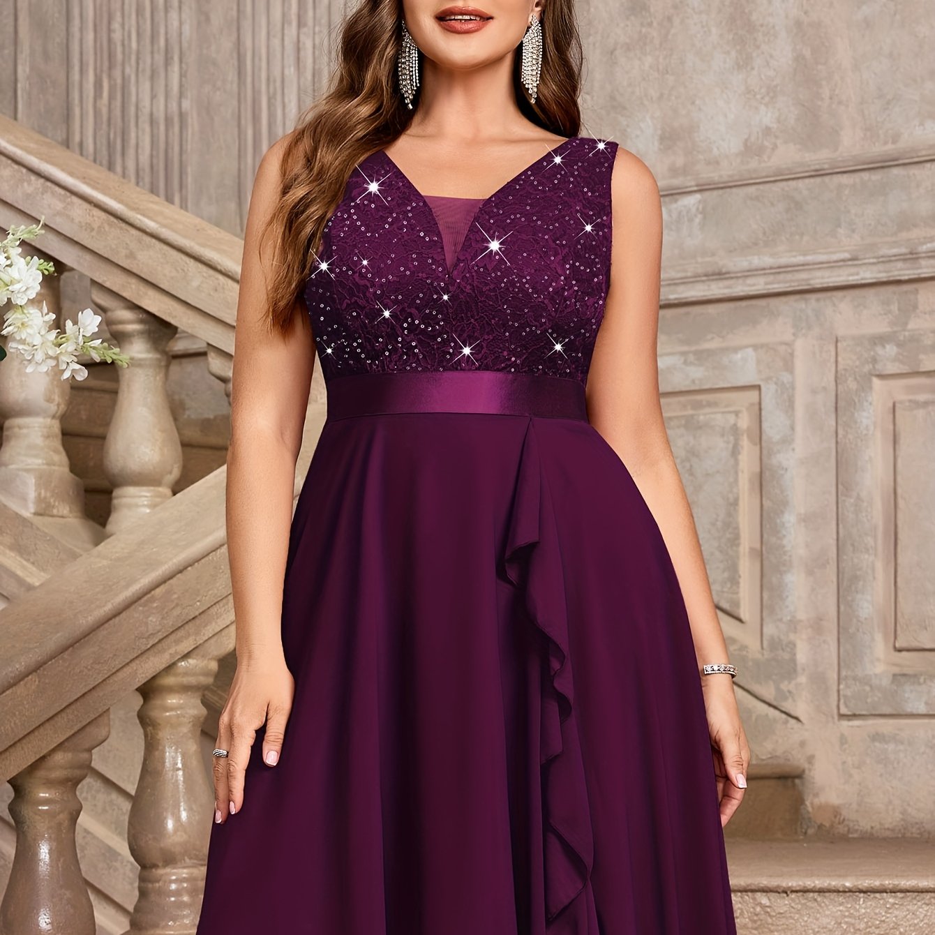 Vestido de gasa sin mangas con escote en V de talla grande, con volante de encaje en el dobladillo para mujer