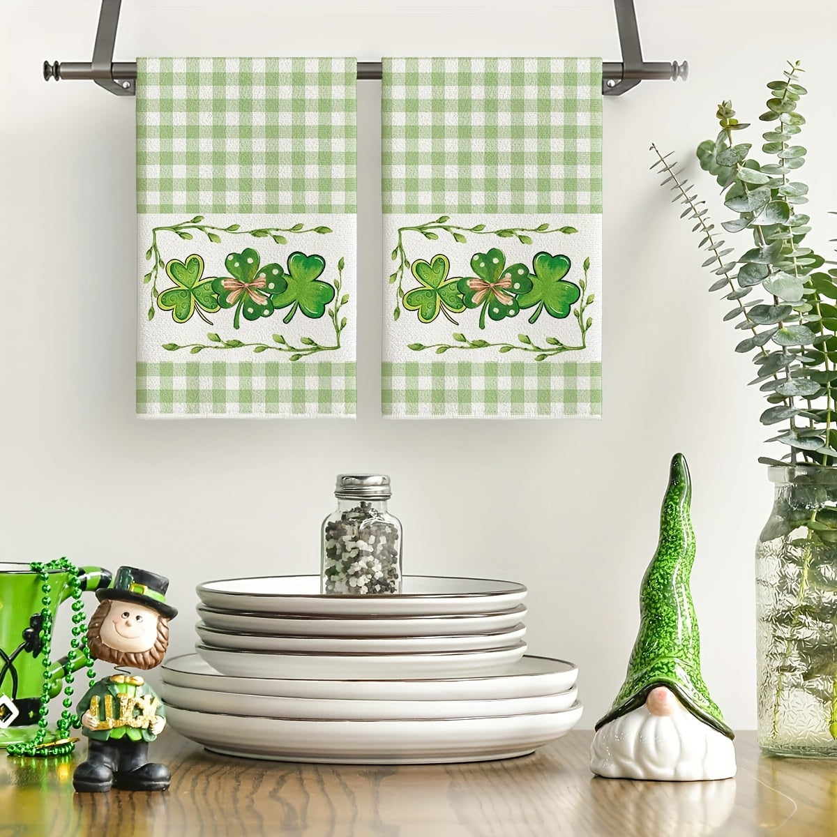 Buffalo Check Clover Kitchen Towels 40x60cm Farmhouse Decor for St Patrick's Day