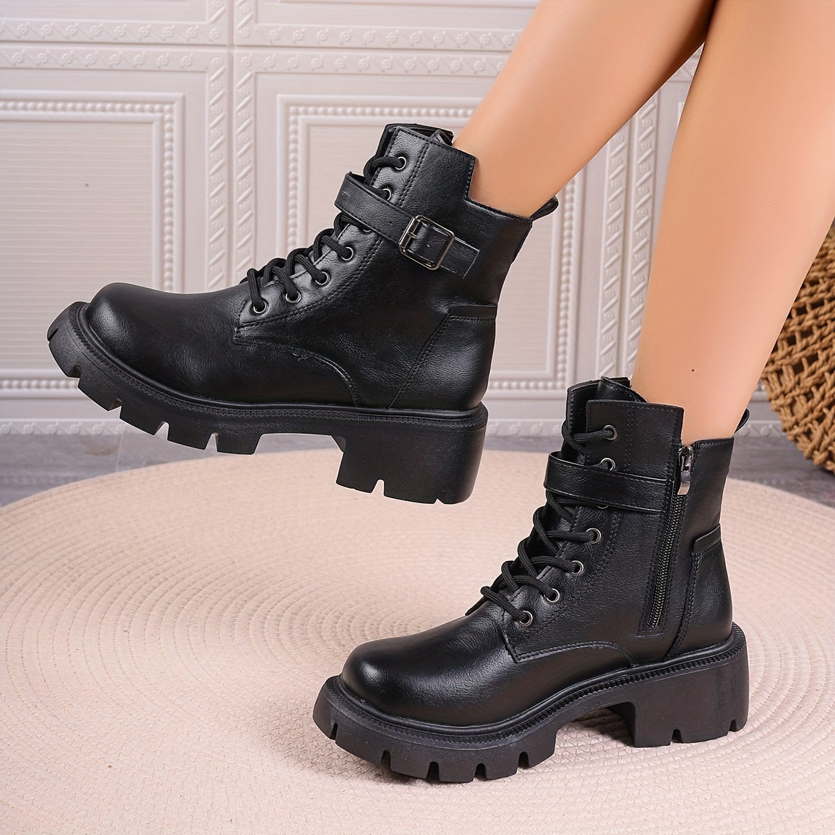 Women's Solid Color Casual Boots With Side Zipper Buckle Durable Sole