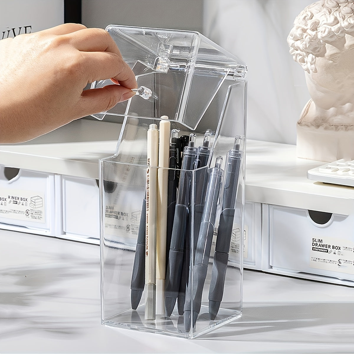 Clear Acrylic Desk Organizer with Lid for Makeup Brushes and Pens