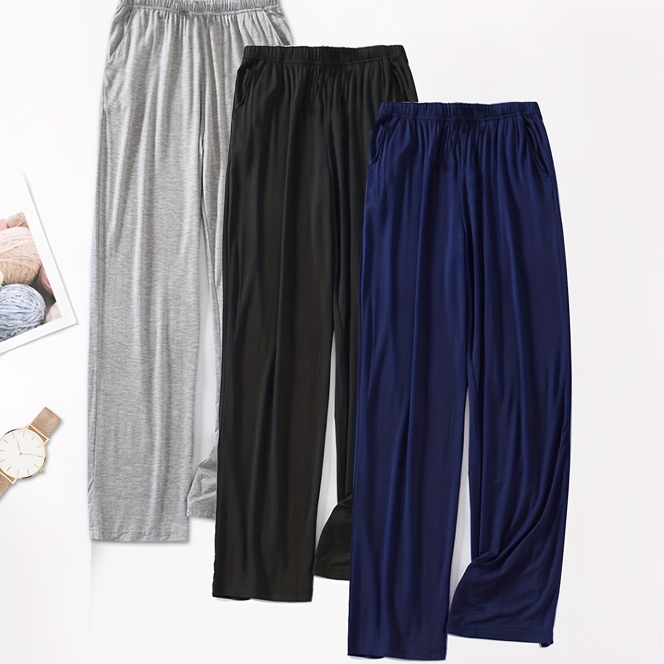 Pantalones de pijama para hombre de modal con cintura elástica, color sólido, conjunto de ropa de dormir casual, pack de 2