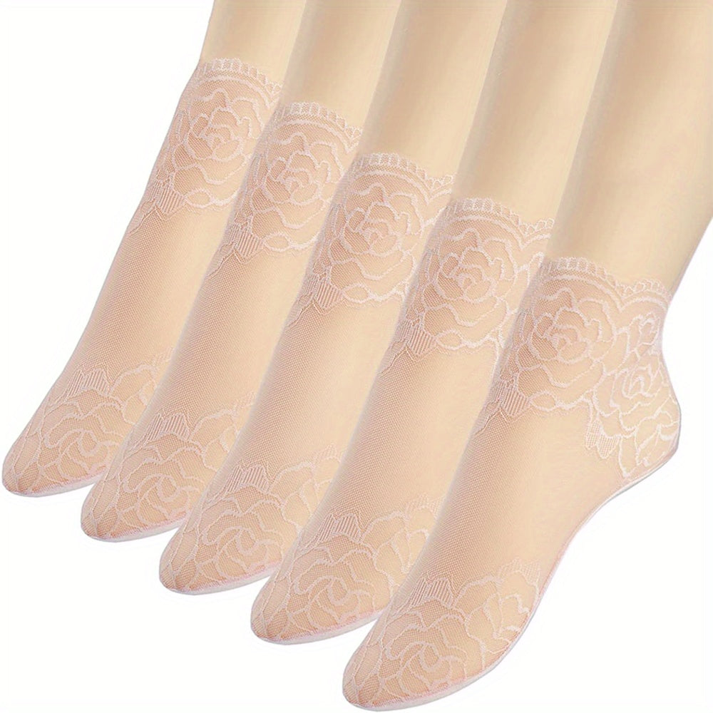 Women's Invisible Socks 5 Pairs Geometric Lace Floral Trim Polyester Spandex