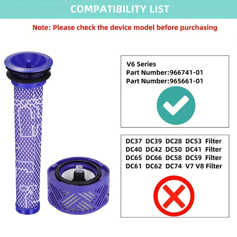 Dyson Absolute Total Clean simsiz tayoqli changyutgich uchun V6 filtrlarini almashtirish, 966741-01 va 965661-01 raqamli qismlar bilan solishtiring