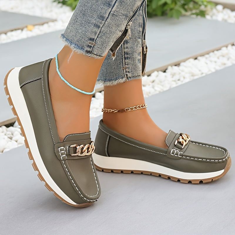 Women Slip-On Loafers with Metal Buckle All-Season Non-Slip Flat Shoes