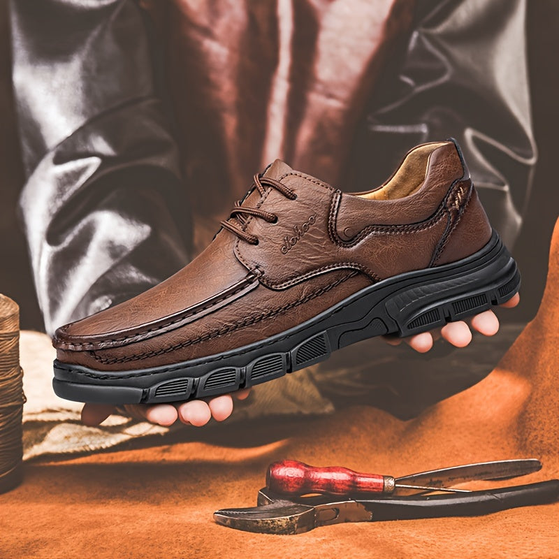 Men's Brown Leather Loafers Casual Dress Shoes Breathable Rubber Sole Low Top