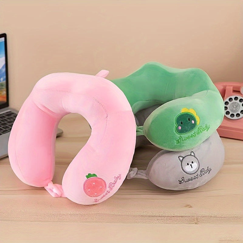 U-Shaped Travel Pillow with Cartoon Embroidery Neck Support for Office Car Naps