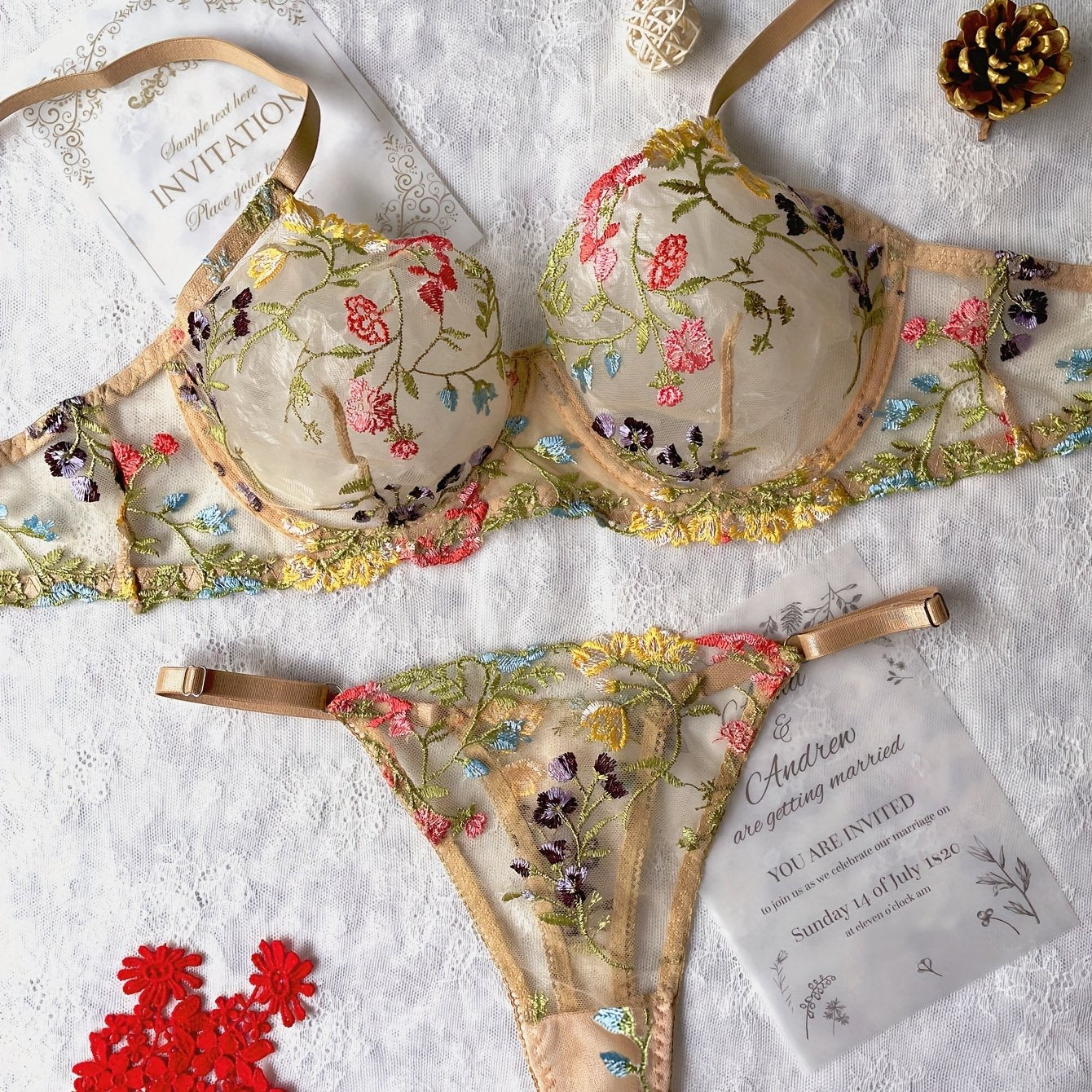 Women's Floral Embroidered Sheer Lingerie Set with Bra and Thong