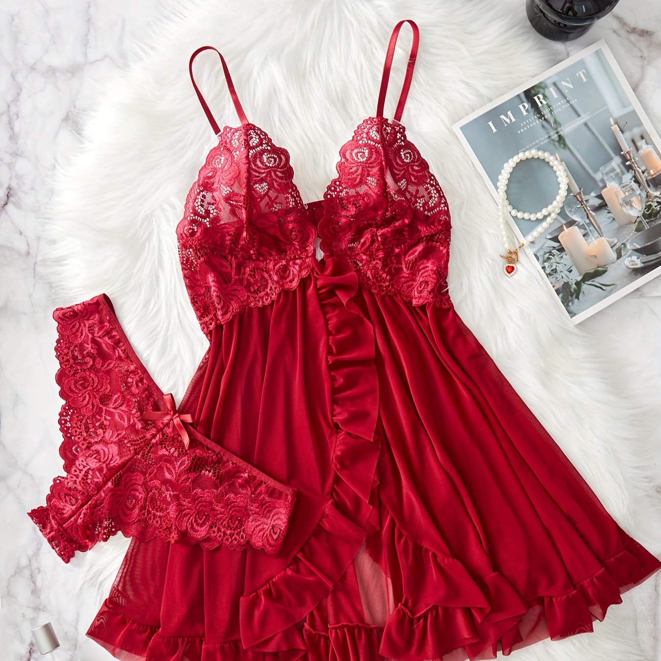 Women's Lace Ruffle Lingerie Set with Deep V Slip Dress and Thong