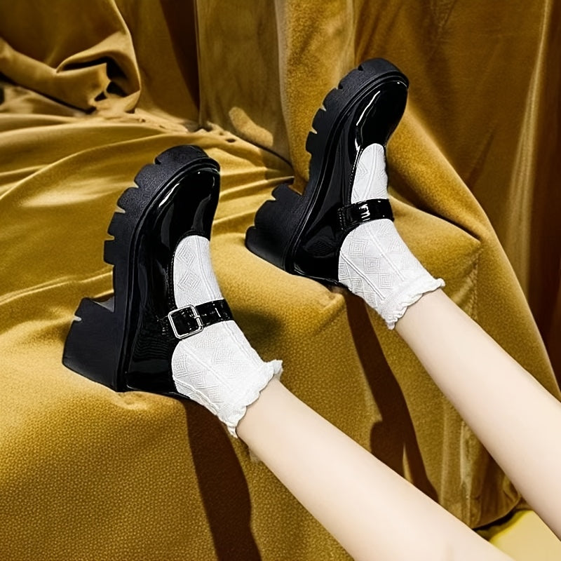 Women Vintage Mary Jane Shoes Thick Sole High Heels Evening Wear