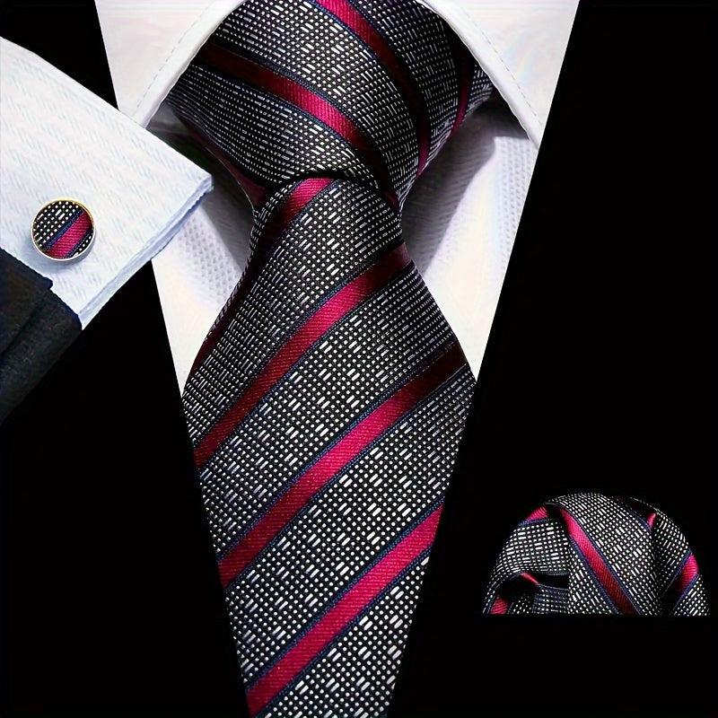 Men's Classic Striped Necktie Set with Cufflinks for Business Parties
