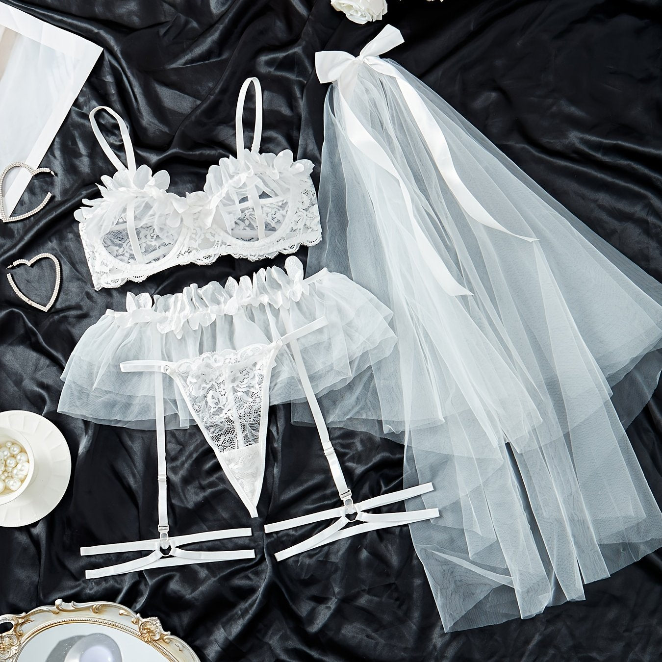 Women's Lace Lingerie Set with Bra Thong Garter Belt and Bridal Headpiece