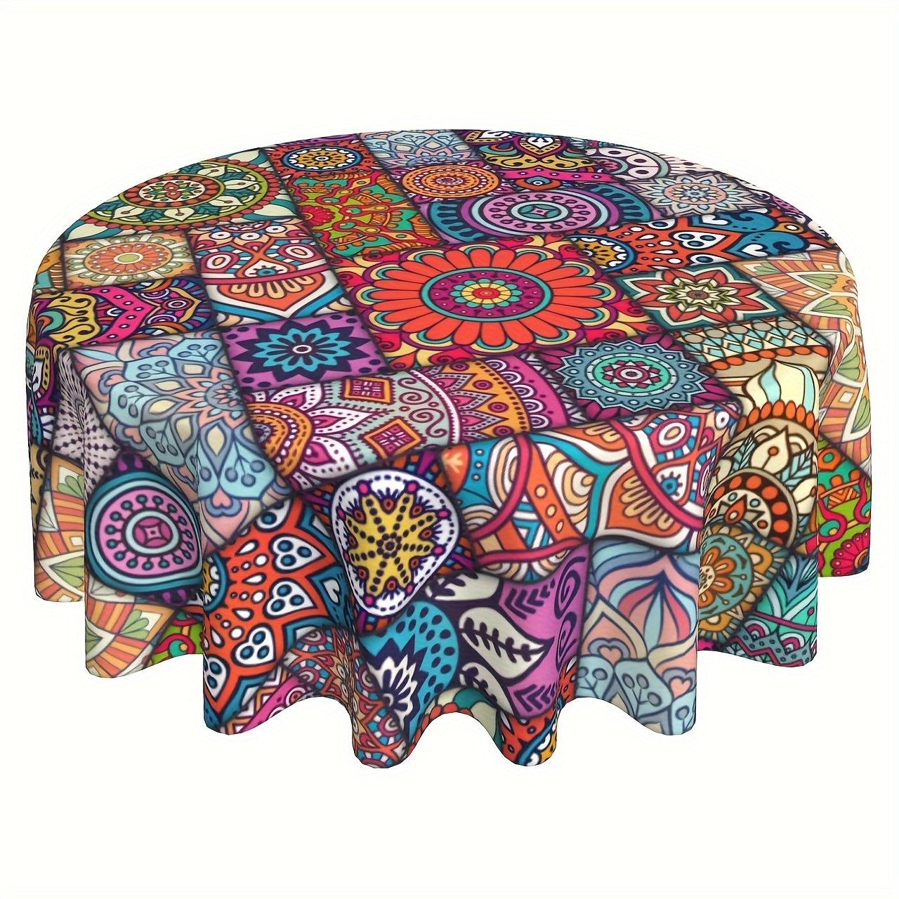 Mantel redondo impermeable de poliéster bohemio con mandala para cocina, comedor y uso exterior