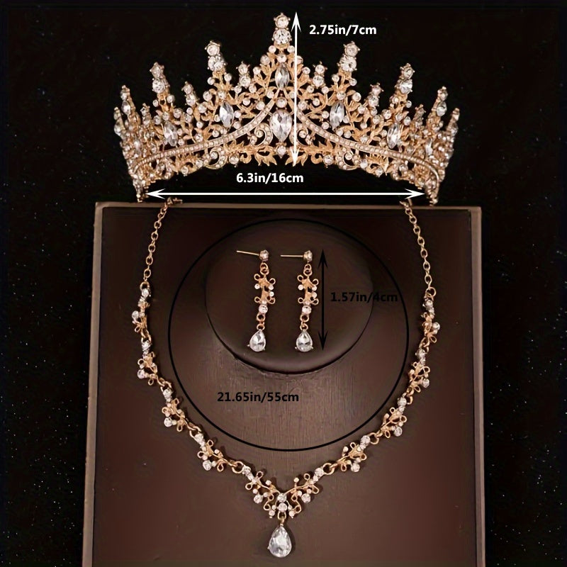 Bridal Jewelry Set Rhinestone Crown Necklace Earrings Wedding Accessories Alloy for Women