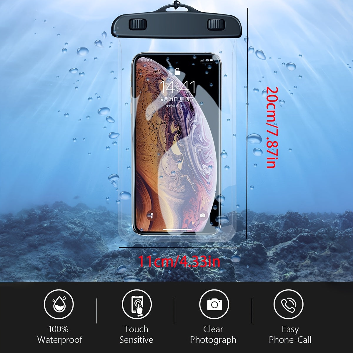 Waterproof Mobile Phone Bag with Rope, 8-Inch Transparent Drying Bag for Outdoor Sports Travel