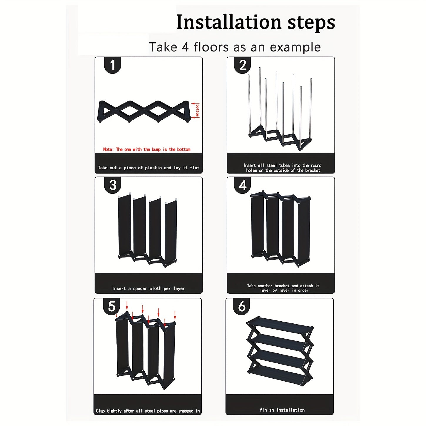 No Assembly Freestanding Plastic Shoe Rack 4 Tiers Black Metal Storage Organizer