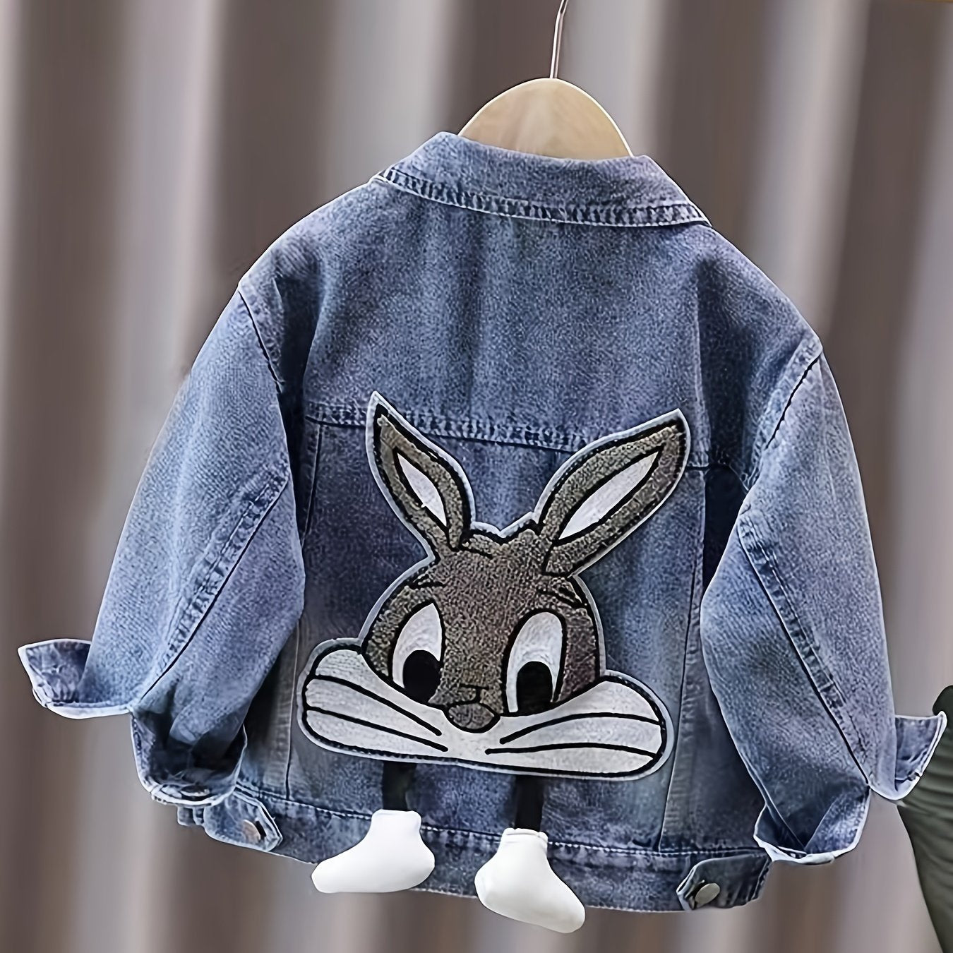 Girls Denim Jacket with 3D Bunny Applique Long Sleeve Casual Spring Fall