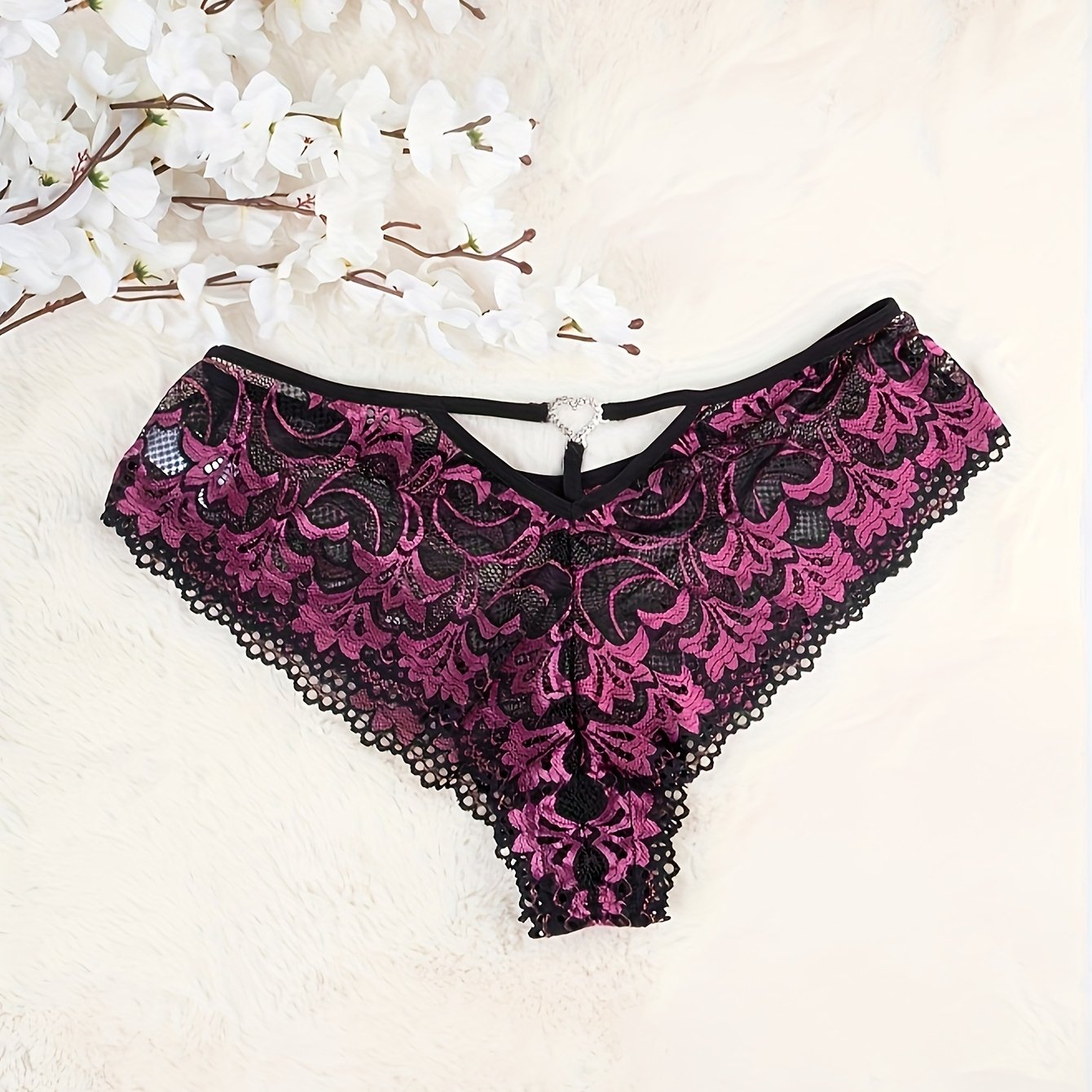 Plus Size Women's Sheer Lace Floral Thong with Heart Design Breathable