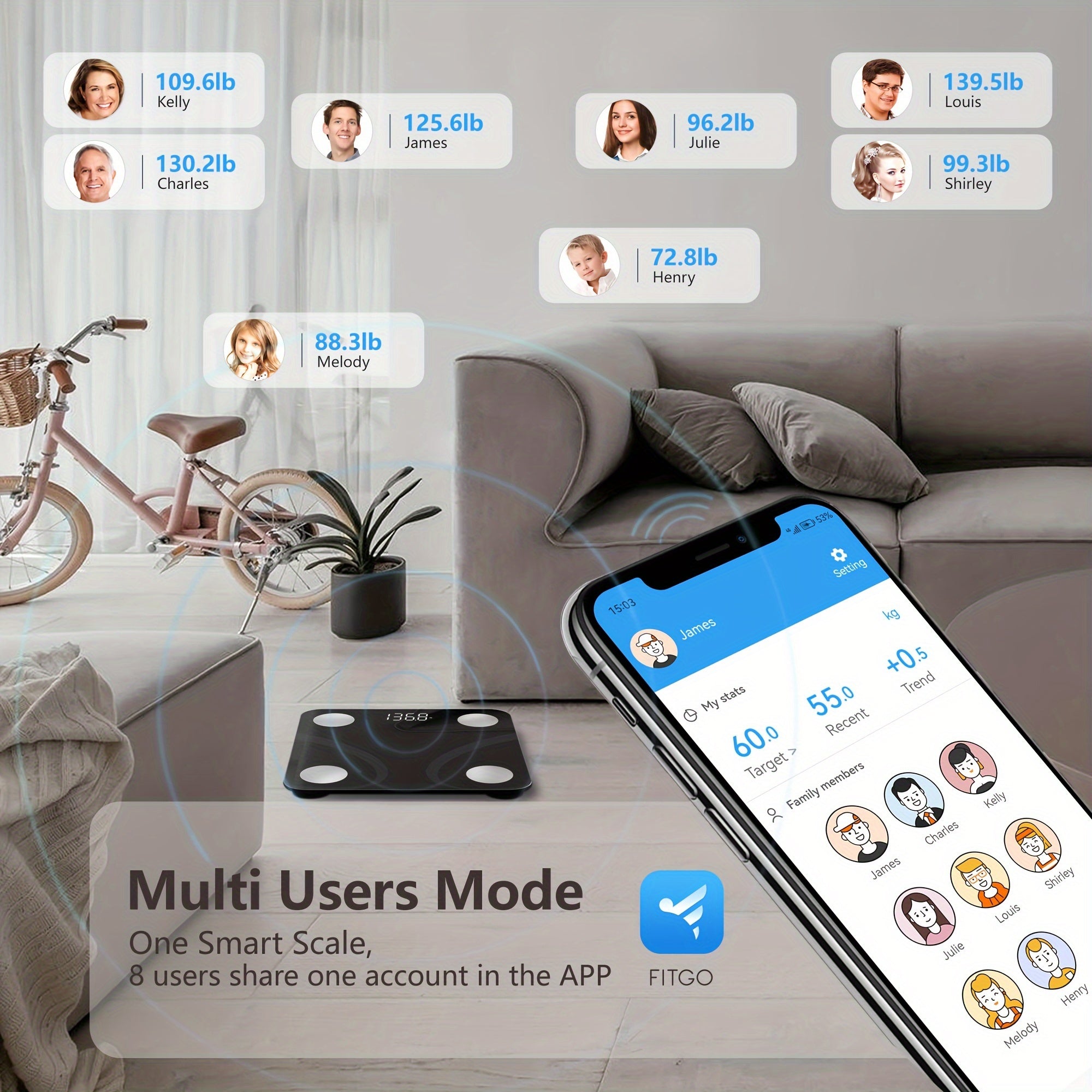 Smart scale 181.44 KG capacity BMI tracking app sync Black