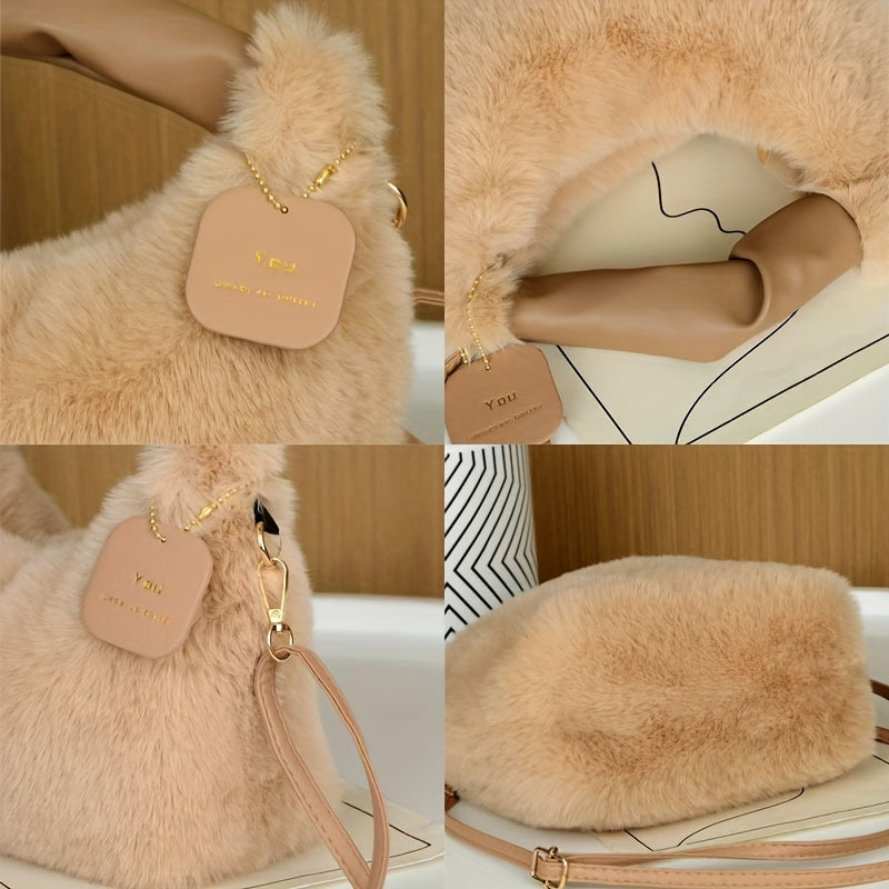 Faux Fur Crossbody Bag for Women with Zipper Closure and Soft Plush Material