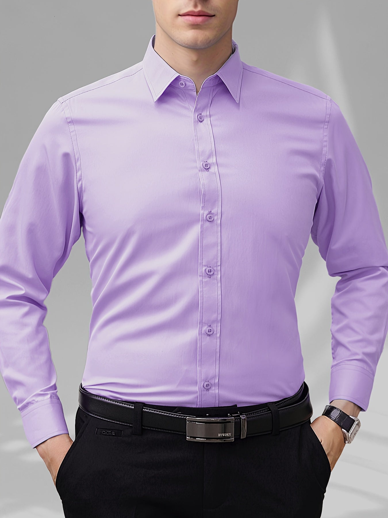 Men's Solid Color Long Sleeve Dress Shirt for Business Casual Spring
