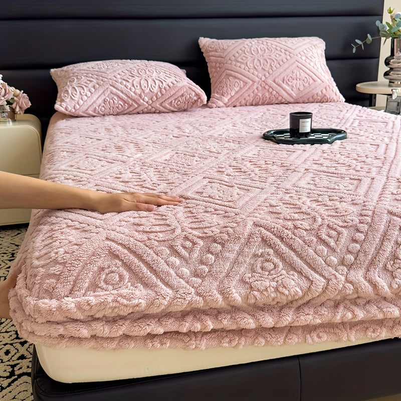 Autumn Winter Bedding Fitted Sheet Luxurious Taffeta Carved Design Soft Knit Solid Color Machine Washable