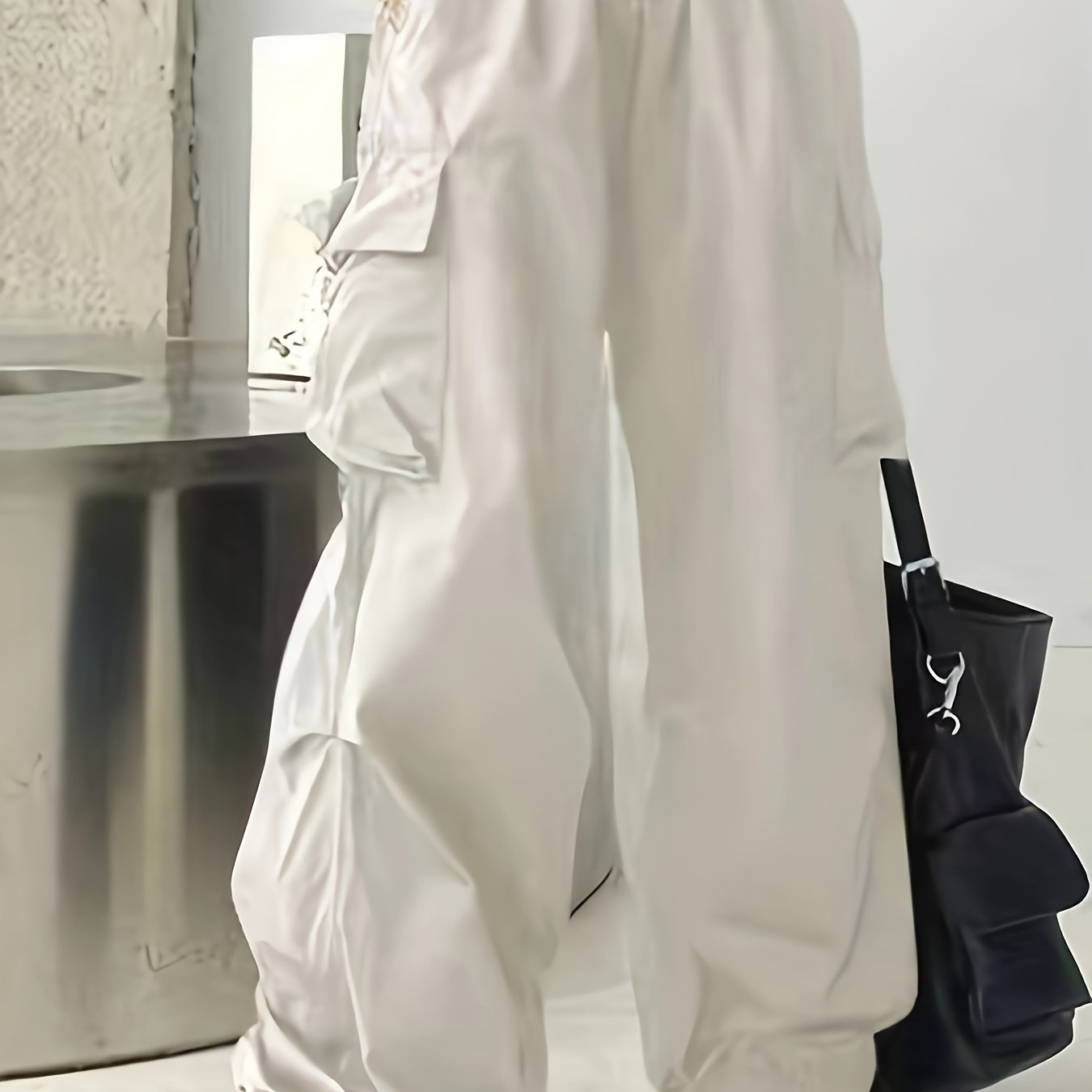 Women’s Polyester High-Waist Wide-Leg Cargo Pants with Pockets Beige