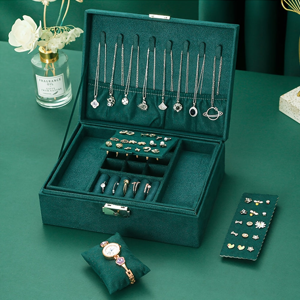 Large Capacity Double Layer Jewelry Storage Box with Lock for Necklaces Watches Earrings