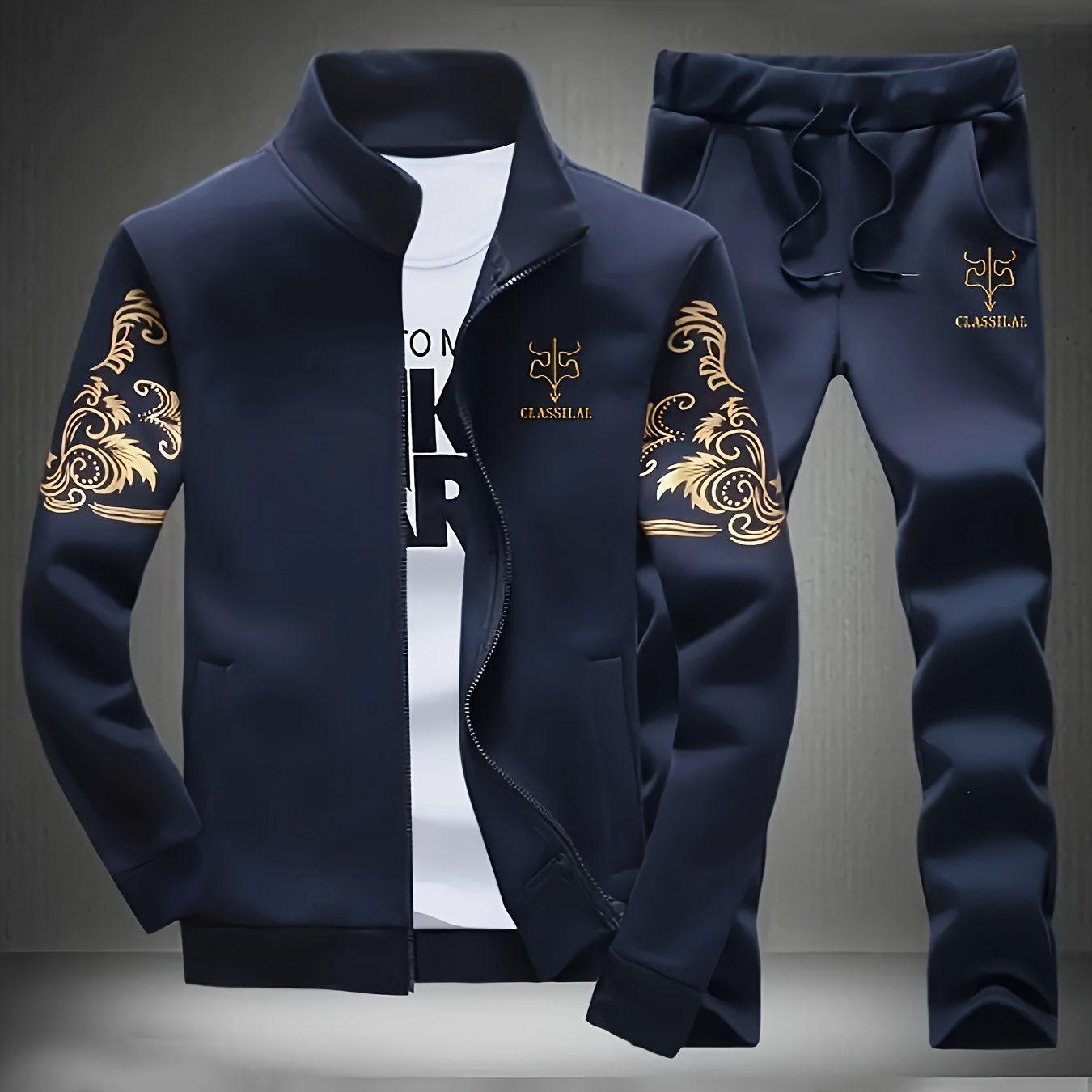 Men's Polyester Long Sleeve Sports Suit with Collared Neck and Print for Spring and Autumn