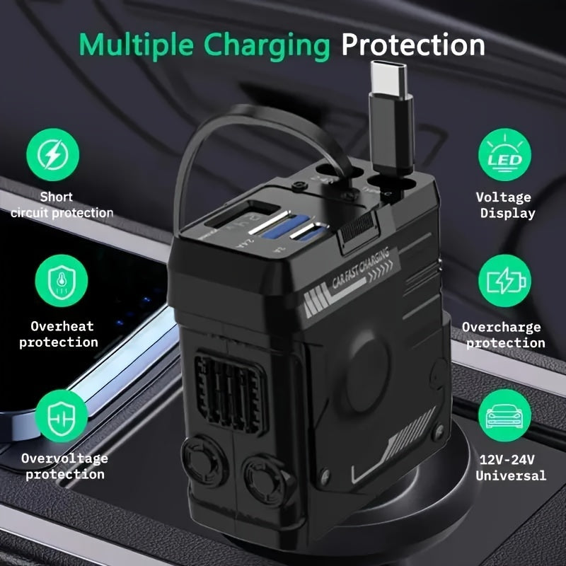 Telescopic Car Charger 66W 2 USB Ports Fast Charging Compact Adapter