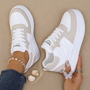 Women's Slip-On Wedge Sneakers with Lace-Up Closure White Beige Breathable Mesh