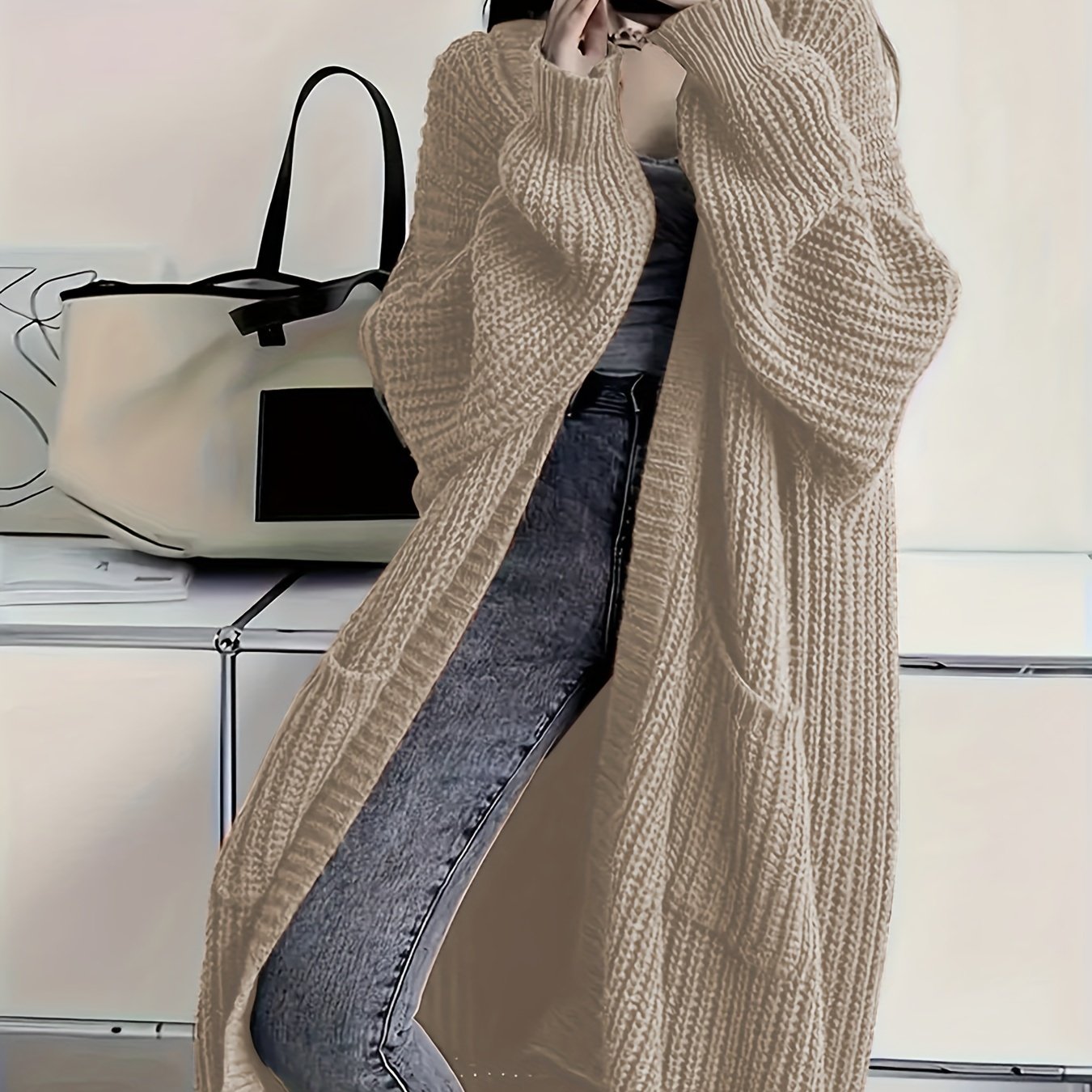 Women's Plus Size Long Knit Cardigan with Pockets V-Neck Open Front Fall Winter