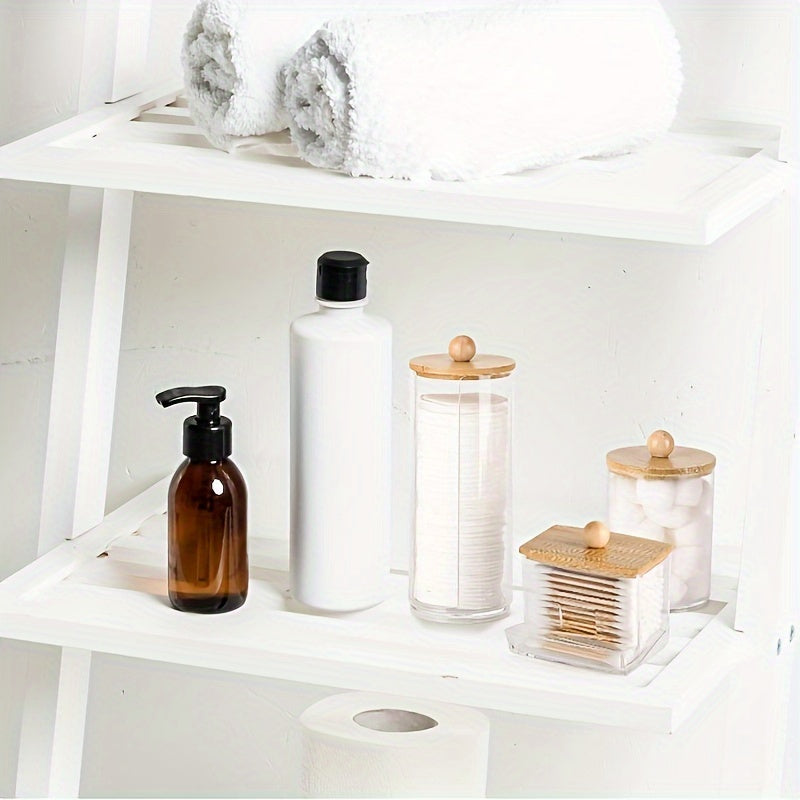 Porta hisopos de algodón con tapa de bambú, organizador de almacenamiento para baño