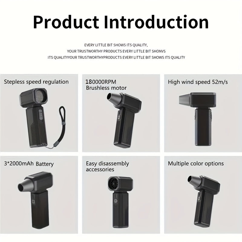 High-Performance Turbo Jet Fan Set 180000 RPM Brushless Motor 54M/S Airflow Rechargeable 6000mAh Type-C Nozzles