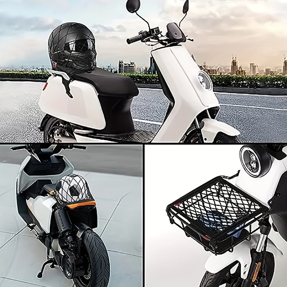 Universal Fit Motorcycle Scooter Cargo Net with Helmet Holder Polyester Mesh