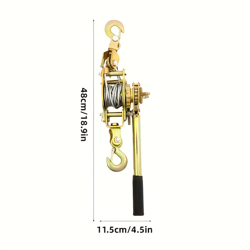 Og'ir yuklarni tortish, yuklarni bog'lash va siqish uchun mo'ljallangan portativ qo'l g'ildiragi, 2 ta ilgak bilan. U po'lat sim ip va uskunalarni tashish uchun shina mustahkamlashni o'z ichiga oladi.