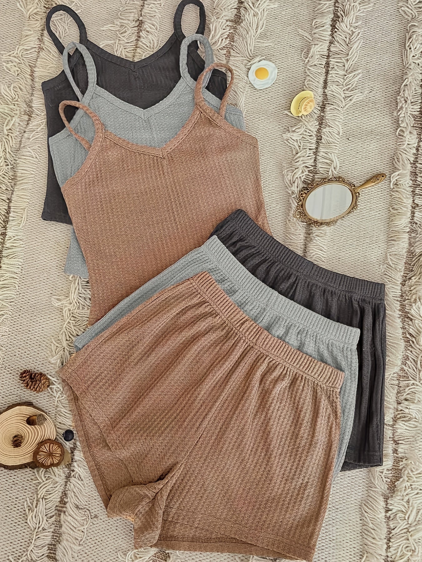 Women's Waffle Knit Pajama Set with V-Neck Top and Shorts Plus Size Lounge 6 Piece