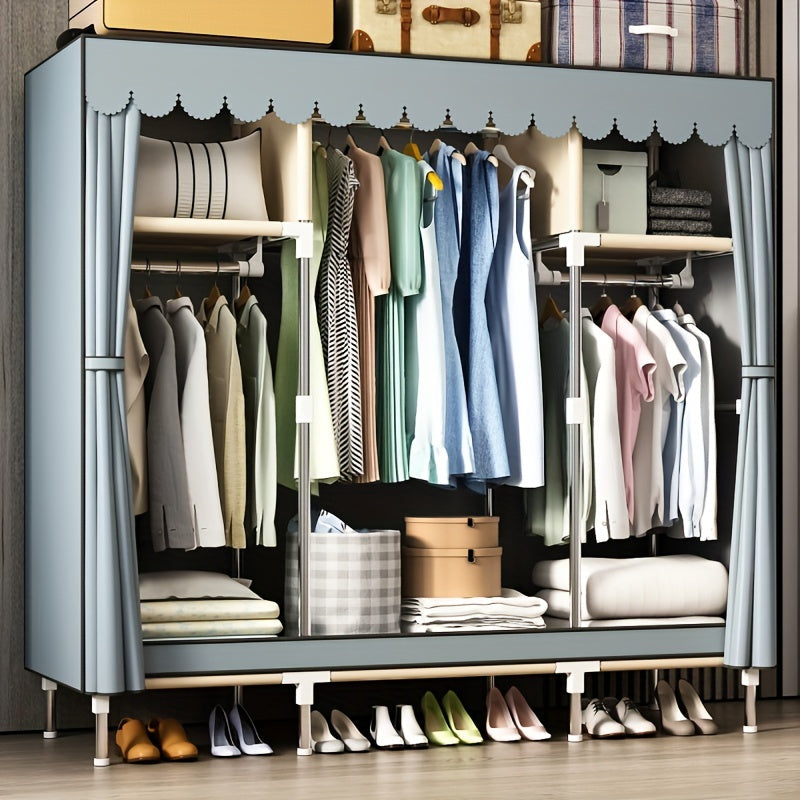 Armario de almacenamiento de ropa con tubo de acero, cajón y cortina a prueba de polvo para dormitorio o entrada
