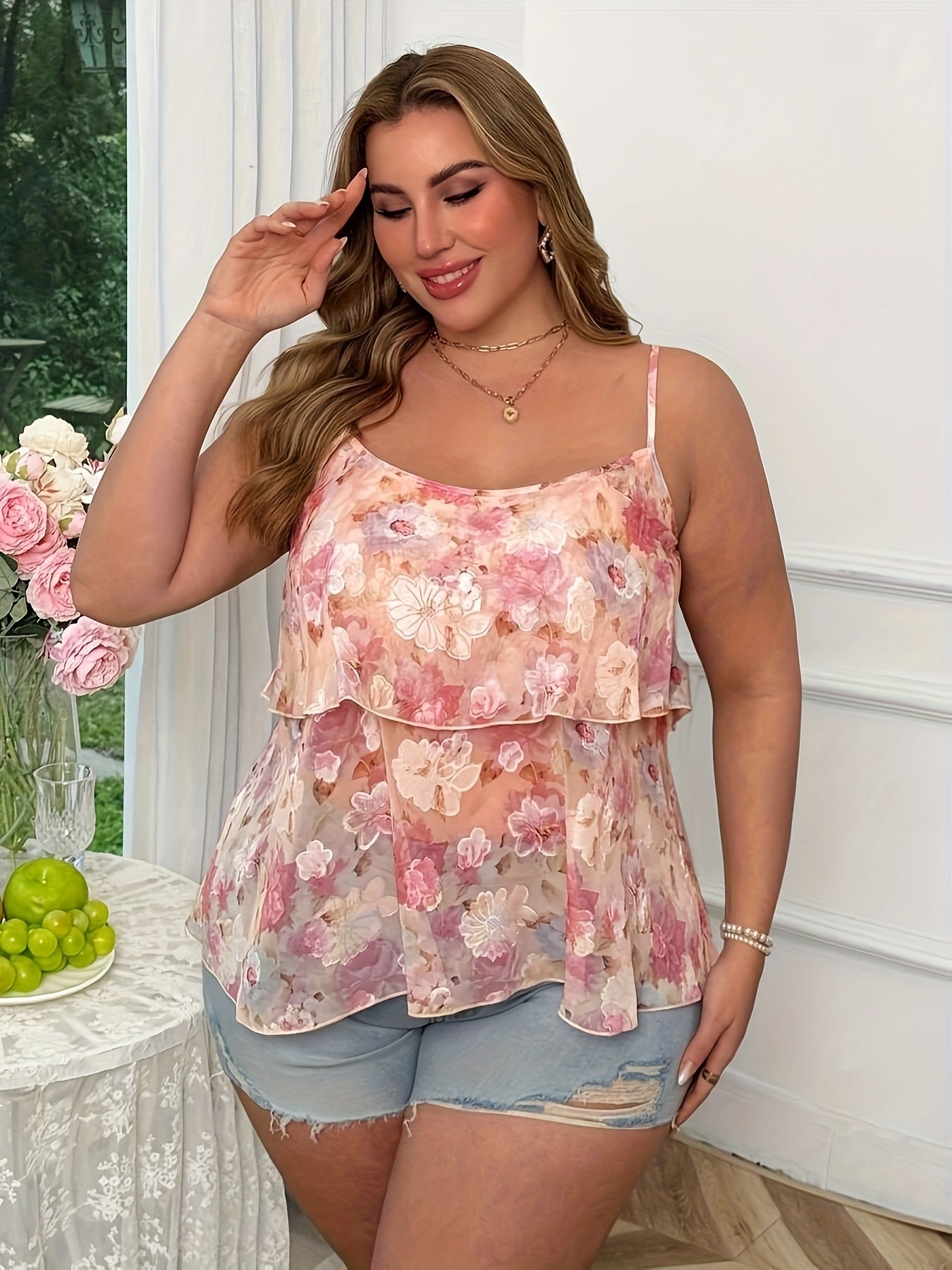 Женская топ-камис из жаккардового цветочного принта в стиле А-силуэт, розовая, летний отпуск, плюс сайз