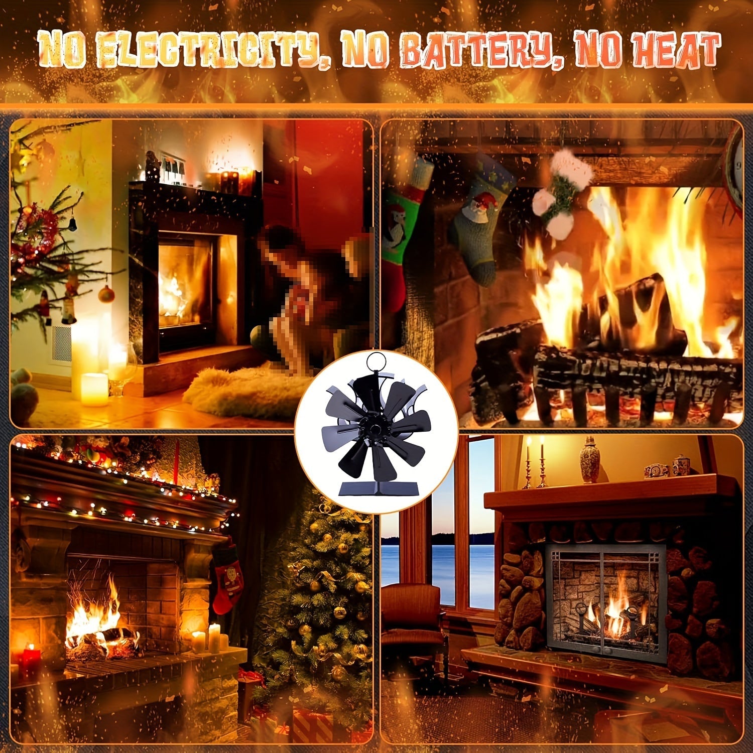 Set of 8 Thermodynamic Stove Fans for Wood Gas Pellet Stoves with Built-In Thermometer