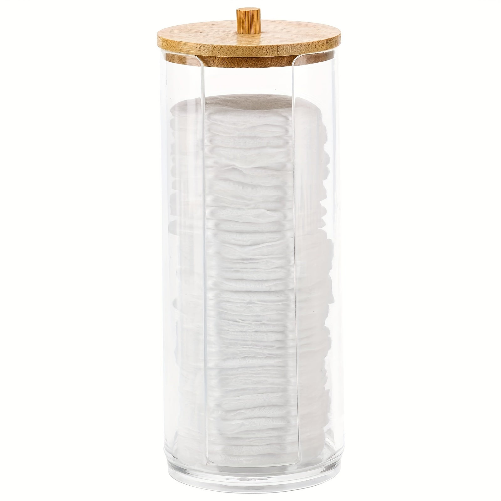 Clear Plastic Bathroom Storage Organizer with Bamboo Lid for Makeup Pads and Cups