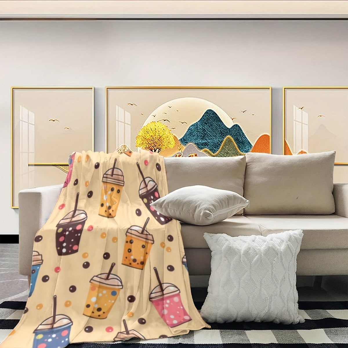 Modern Boba Tea Cartoon Bubble Pattern Flannel Throw Blanket Soft Lightweight for Bed Sofa