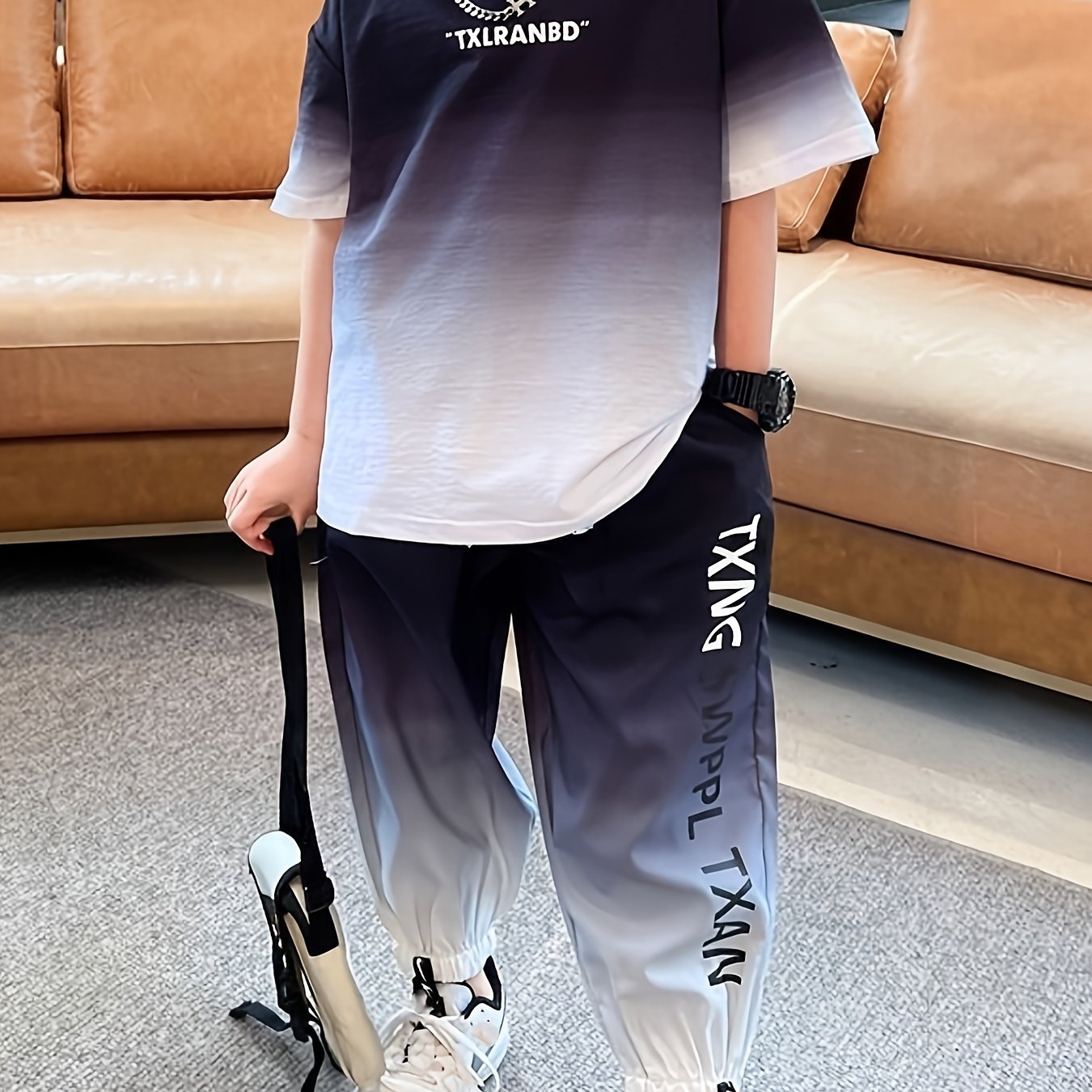 Kids Boys Casual Letter Print Gradient T-Shirt and Joggers Set Summer Lightweight Polyester