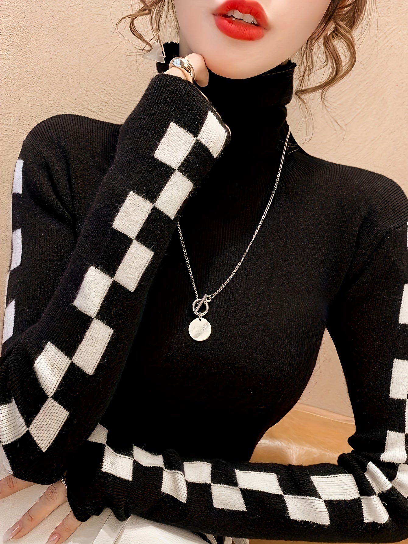 Plus Size Knit Sweater Turtleneck Long Sleeve Plaid Fall Winter Women's