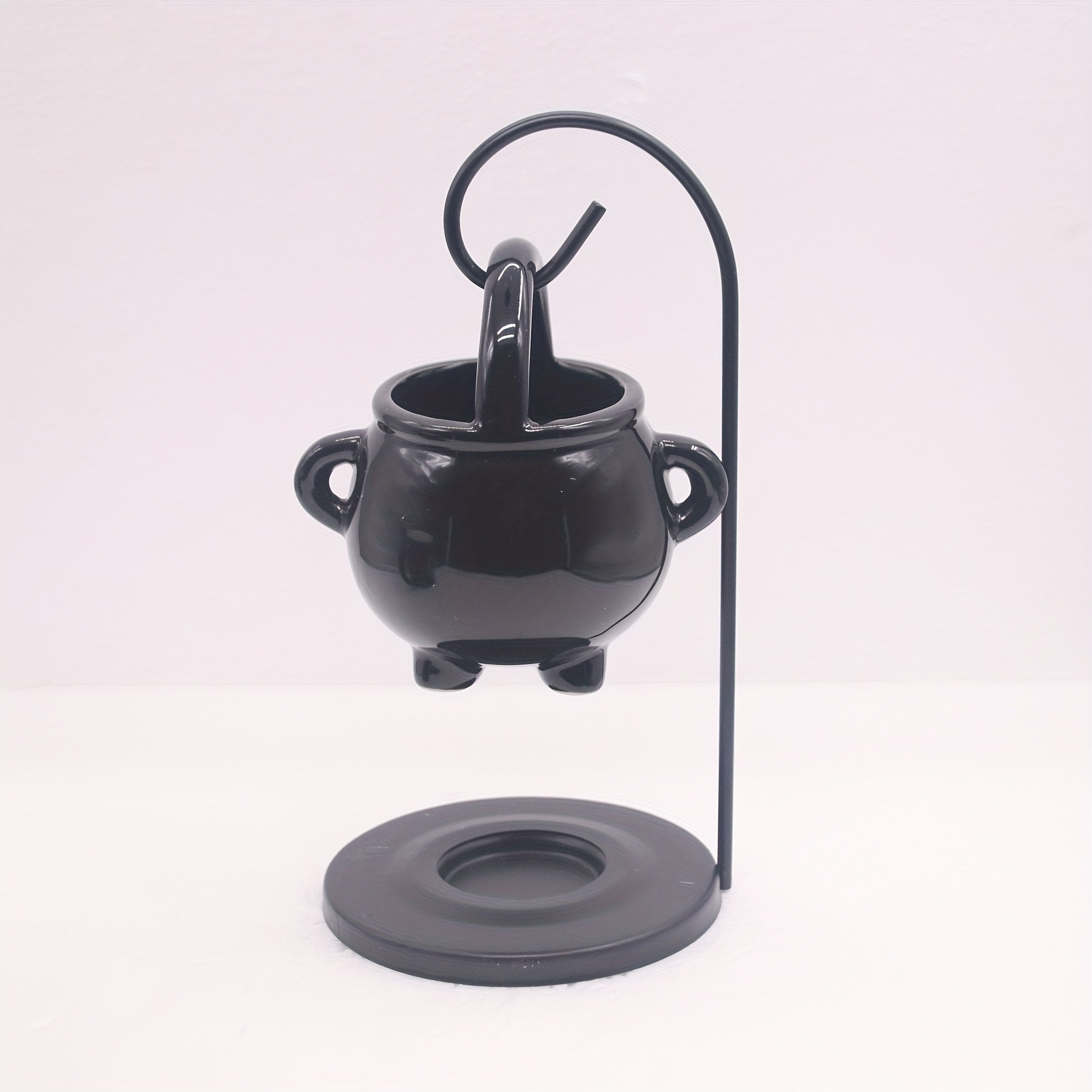 Black Ceramic Oil Burner with Iron Holder and Tealight Candle Holder for Aromatherapy and Home Decor