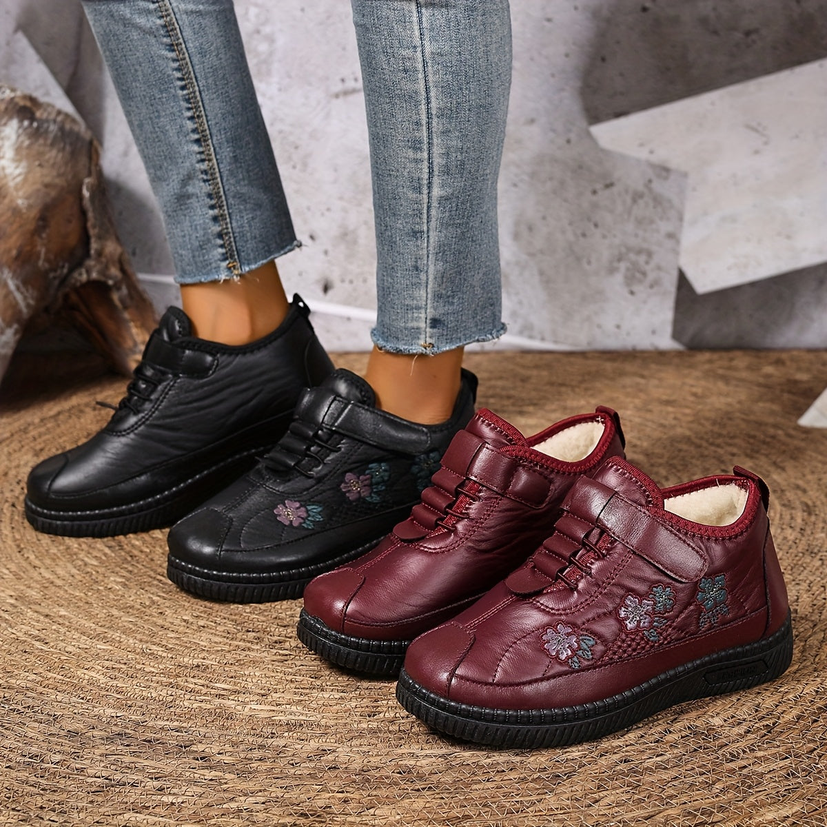 Women'S Ankle Boots Faux Fur Winter Snow Boots With Floral Design