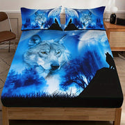 Fitted Sheet Set with Dark Wolf Forest Animal Pattern 3 Pieces Soft Cozy Bedding