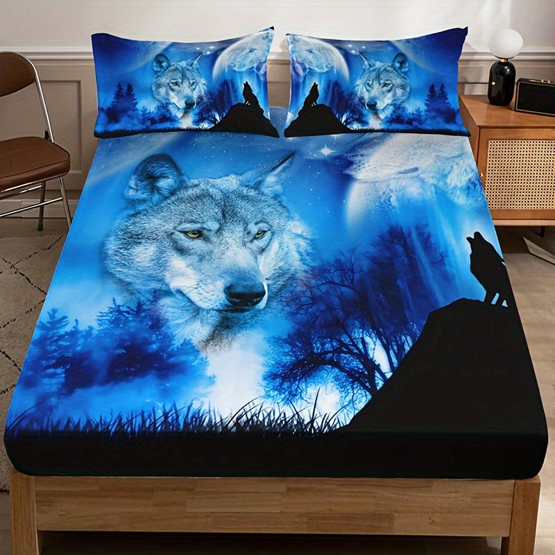 Fitted Sheet Set with Dark Wolf Forest Animal Pattern 3 Pieces Soft Cozy Bedding